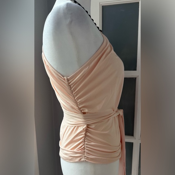 One Shoulder Peach / Cream Stretchy Top with Side Ruching and Matching Belt XL - Picture 5 of 7